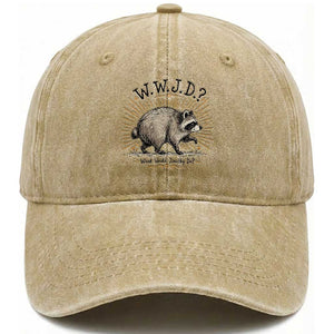 What Would Jimothy Do WWJD Funny Parody Washed Cotton Baseball Cap Viral Seattle Raccoon Meme Feral Legend Humor