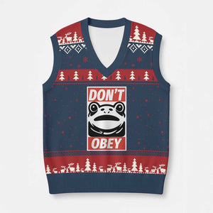 Don't Obey Portland Frog V-Neck Knit Sweater Vest Protest Parody Poster Graphic TS02 Navy Red Print Your Wear