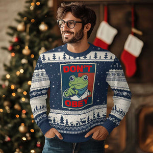 Don't Obey Portland Frog Ugly Christmas Sweater Frogs Protest Activism Hope Style Poster Graphic TS02 Navy Beige Print Your Wear