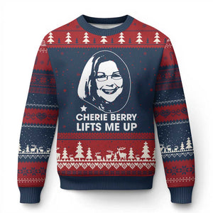 Cherie Berry Lifts Me Up Ugly Christmas Sweater Elevator Tribute Funny NC Meme TS02 Navy Red Print Your Wear