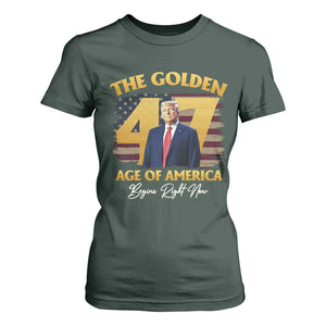 Trump 2025 T Shirt For Women The Golden Age Of America Begins Right Now USA Flag TS02 Dark Forest Green Print Your Wear