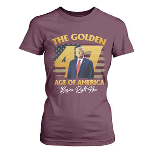 Trump 2025 T Shirt For Women The Golden Age Of America Begins Right Now USA Flag TS02 Maroon Print Your Wear