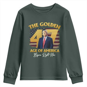 Trump 2025 Youth Sweatshirt The Golden Age Of America Begins Right Now USA Flag TS02 Dark Forest Green Print Your Wear