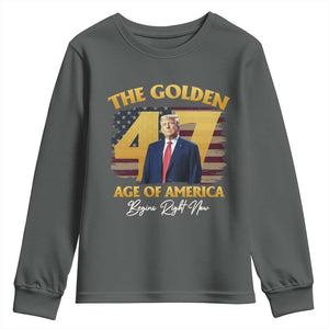 Trump 2025 Youth Sweatshirt The Golden Age Of America Begins Right Now USA Flag TS02 Dark Heather Print Your Wear