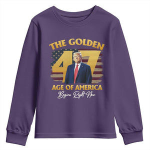 Trump 2025 Youth Sweatshirt The Golden Age Of America Begins Right Now USA Flag TS02 Purple Print Your Wear