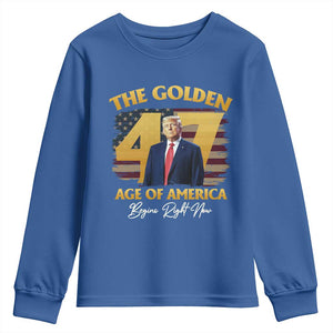 Trump 2025 Youth Sweatshirt The Golden Age Of America Begins Right Now USA Flag TS02 Royal Blue Print Your Wear