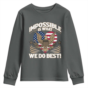 Trump 2025 Youth Sweatshirt Impossible Is What We Do Best Eagle 47th President Inauguration TS02 Dark Heather Print Your Wear