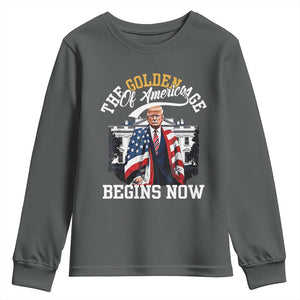 Trump 2025 Youth Sweatshirt The Golden Age Of America Begins Right Now 47th President TS02 Dark Heather Print Your Wear