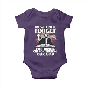 Trump 2025 Baby Onesie We Will Not Forget Our Country Our Constitution Our God American Flag TS02 Purple Print Your Wear
