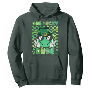 Retro St Patrick's Day Hoodie One Lucky Dude Green Checkered Heart Groovy TS02 Dark Forest Green Print Your Wear