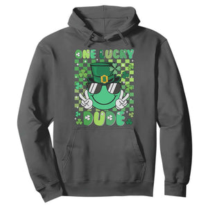 Retro St Patrick's Day Hoodie One Lucky Dude Green Checkered Heart Groovy TS02 Dark Heather Print Your Wear