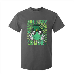 Retro St Patrick's Day T Shirt For Kid One Lucky Dude Green Checkered Heart Groovy TS02 Dark Heather Print Your Wear