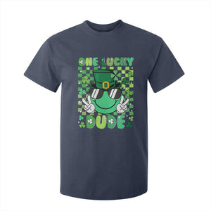 Retro St Patrick's Day T Shirt For Kid One Lucky Dude Green Checkered Heart Groovy TS02 Navy Print Your Wear