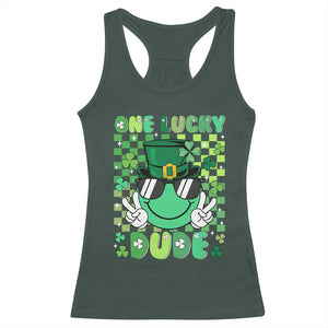 Retro St Patrick's Day Racerback Tank Top One Lucky Dude Green Checkered Heart Groovy TS02 Dark Forest Green Print Your Wear