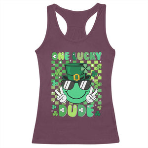 Retro St Patrick's Day Racerback Tank Top One Lucky Dude Green Checkered Heart Groovy TS02 Maroon Print Your Wear