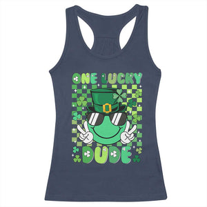 Retro St Patrick's Day Racerback Tank Top One Lucky Dude Green Checkered Heart Groovy TS02 Navy Print Your Wear