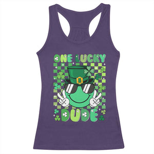 Retro St Patrick's Day Racerback Tank Top One Lucky Dude Green Checkered Heart Groovy TS02 Purple Print Your Wear