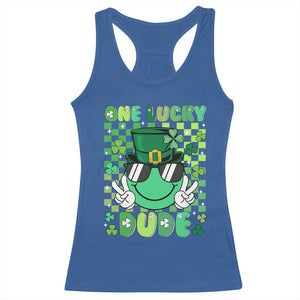 Retro St Patrick's Day Racerback Tank Top One Lucky Dude Green Checkered Heart Groovy TS02 Royal Blue Print Your Wear