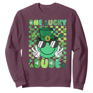 Retro St Patrick's Day Sweatshirt One Lucky Dude Green Checkered Heart Groovy TS02 Maroon Print Your Wear