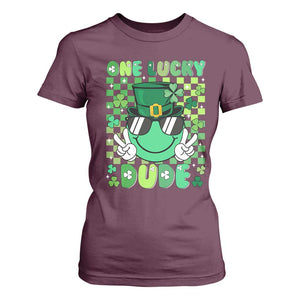 Retro St Patrick's Day T Shirt For Women One Lucky Dude Green Checkered Heart Groovy TS02 Maroon Print Your Wear