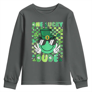 Retro St Patrick's Day Youth Sweatshirt One Lucky Dude Green Checkered Heart Groovy TS02 Dark Heather Print Your Wear