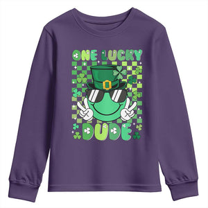 Retro St Patrick's Day Youth Sweatshirt One Lucky Dude Green Checkered Heart Groovy TS02 Purple Print Your Wear