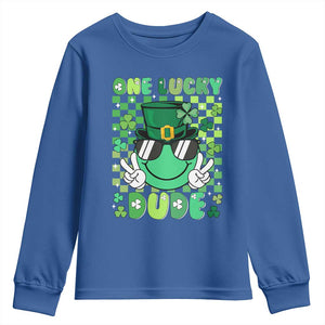 Retro St Patrick's Day Youth Sweatshirt One Lucky Dude Green Checkered Heart Groovy TS02 Royal Blue Print Your Wear