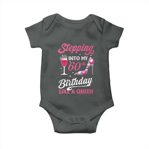 Stepping Into My 60th Birthday Baby Onesie Like A Queen Pink Wine Glass TS02 Dark Heather Print Your Wear