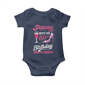 Stepping Into My 60th Birthday Baby Onesie Like A Queen Pink Wine Glass TS02 Navy Print Your Wear