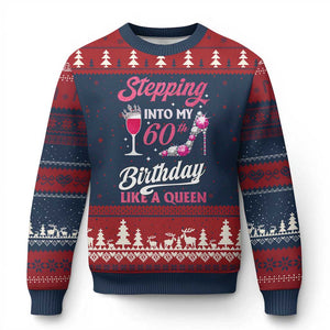 Stepping Into My 60th Birthday Ugly Christmas Sweater Like A Queen Pink Wine Glass TS02 Navy Red Print Your Wear