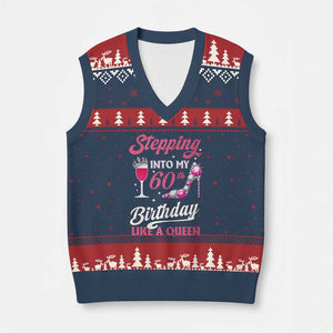 Stepping Into My 60th Birthday V-Neck Knit Sweater Vest Like A Queen Pink Wine Glass TS02 Navy Red Print Your Wear