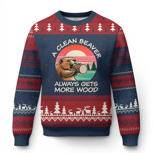 Funny Beaver Joke Ugly Christmas Sweater A Clean Beaver Always Gets More Wood Adult Humor TS02 Navy Red Print Your Wear
