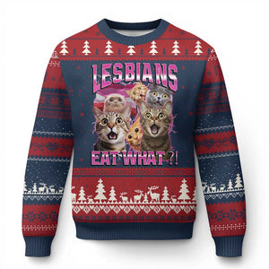 Lesbians Eat What Ugly Christmas Sweater Funny LGBTQ+ Pride Cats Meme Feline Lover Bootleg TS02 Navy Red Print Your Wear