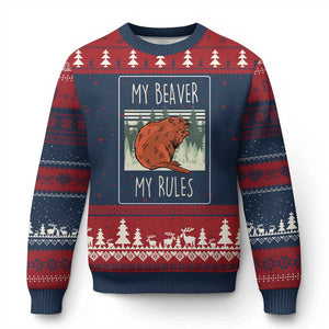 My Beaver My Rules Ugly Christmas Sweater Funny Beaver Outdoor Nature Lover TS02 Navy Red Print Your Wear