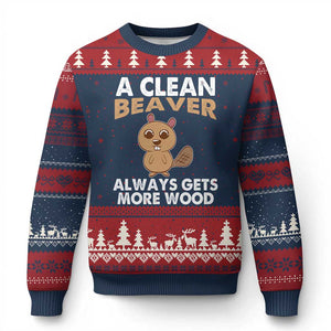 Funny Beaver Adult Humor Ugly Christmas Sweater A Clean Beaver Always Get More Wood TS02 Navy Red Print Your Wear