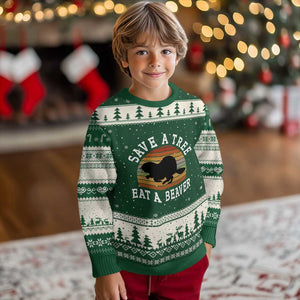 Save A Tree Eat A Beaver Ugly Christmas Sweater Funny Ironic Beaver TS02 Forest Green Beige Print Your Wear