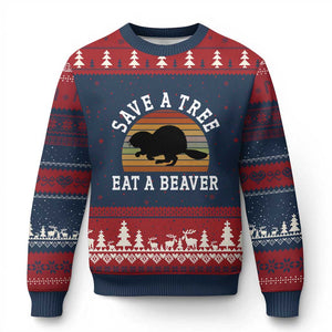 Save A Tree Eat A Beaver Ugly Christmas Sweater Funny Ironic Beaver TS02 Navy Red Print Your Wear