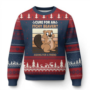 Funny Beaver Ugly Christmas Sweater Cure For An Itchy Beaver Ask For A Friend Adult Humor TS02 Navy Red Print Your Wear