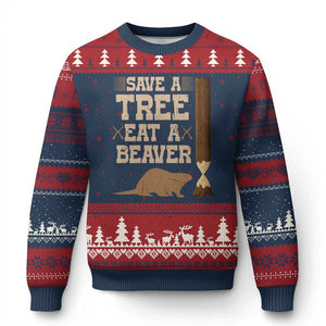 Funny Save A Tree Eat A Beaver Ugly Christmas Sweater Hunting Beavers Hunter TS02 Navy Red Print Your Wear