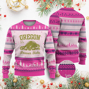 Beaver State Oregon Ugly Christmas Sweater Est 1859 Vintage Flag TS02 Hot Pink Print Your Wear