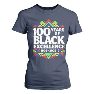 100 Years of Black Excellence 1926 2026 T Shirt For Women African Tribal Pattern Heritage Celebrating Black History TS02 Navy Print Your Wear