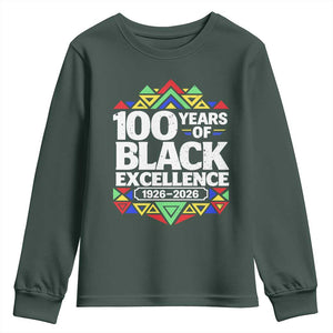 100 Years of Black Excellence 1926 2026 Youth Sweatshirt African Tribal Pattern Heritage Celebrating Black History TS02 Dark Forest Green Print Your Wear