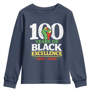 100 Years of Black Excellence 1926 2026 Youth Sweatshirt Pan-African Raised Fist Pride Honoring Black History Legacy TS02 Navy Print Your Wear