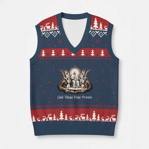 God Bless Pope Francis V-Neck Knit Sweater Vest Memorial Angel Catholic Faith & Unity TS02 Navy Red Print Your Wear