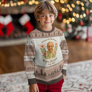 Always in Our Hearts Pope Francis Ugly Christmas Sweater Viva il Papa 1936-2025 TS02 Mocha Mousse Print Your Wear