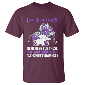 Purple Elephant Alzheimer's Awareness T Shirt Love Never Forget Remember For Those Who Cannot ALZ TS02 Maroon Print Your Wear