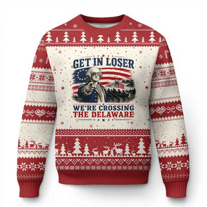 Get In Loser We're Crossing The Delaware Uncle Sam Style Ugly Christmas Sweater Funny George Washington Pointing Vintage American Flag Patriotic TS02 Beige Red Print Your Wear