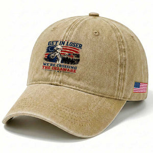 Get In Loser We're Crossing The Delaware Uncle Sam Style Washed Cotton Baseball Cap Funny George Washington Pointing Vintage American Flag Patriotic TS02 Print Your Wear