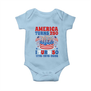 America Turns 250 I Turn 50 Funny 1976 Birthday Baby Onesie American Flag Cake 1776 to 2026 Semiquincentennial TS02 Light Blue Print Your Wear