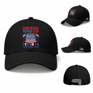 America Turns 250 I Turn 50 Funny 1976 Birthday Baseball Cap American Flag Cake 1776 to 2026 Semiquincentennial TS02 Baseball Cap Universal Fit Black Print Your Wear